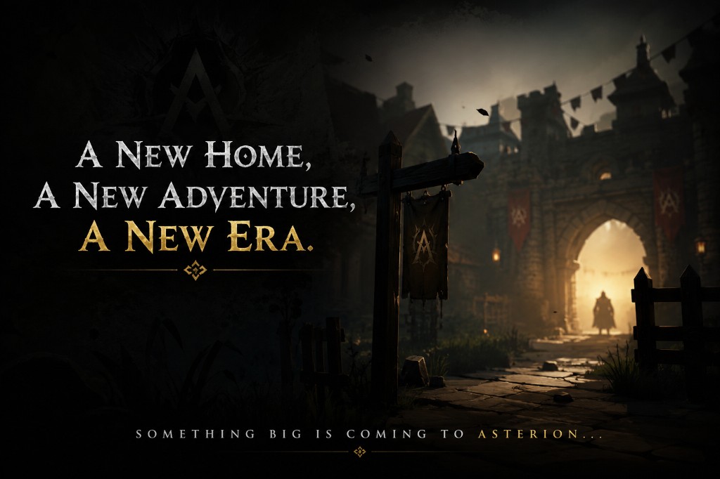 Asterion’s new Home — a stone gateway glowing at dusk with a lone figure in the passage